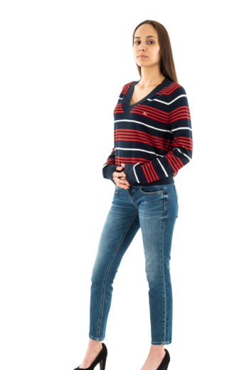 Pull hiver tommy jeans vneck stripe c1g dark night navy / stripe